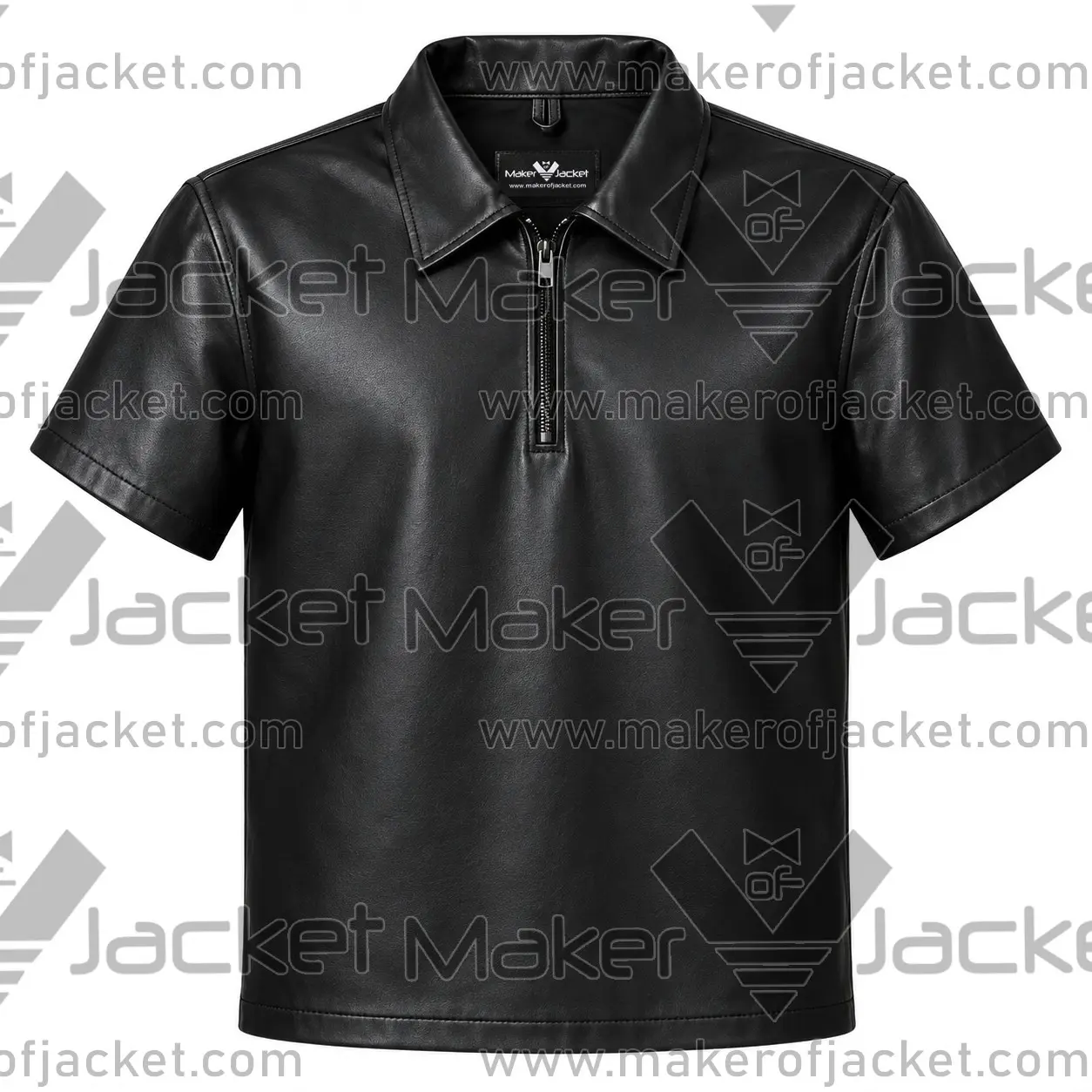 Mens-Black-Leather-Zip-Shirt-Front-Image Front View of Men's Black Leather Zip Shirt Featuring YKK Zipper and Shirt Style Collar.