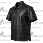 Left Side View Of Men's Black Leather Zip Shirt Featuring Left Side View in Black Leather.