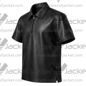 Left Side View Of Men's Black Leather Zip Shirt Featuring Left Side View in Black Leather.