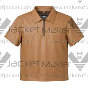 Front View of Men's Brown Leather Zip Shirt Featuring YKK Zipper and Shirt Style Collar.