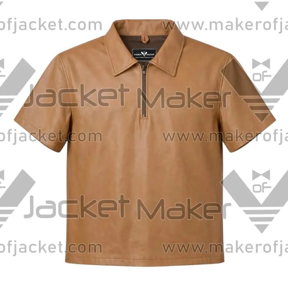 Mens-Brown-Leather-Zip-Shirt-Front-Image Front View of Men's Brown Leather Zip Shirt Featuring YKK Zipper and Shirt Style Collar.