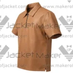 Left Side View Of Men's Brown Leather Zip Shirt Featuring Left Side View in Brown Leather.