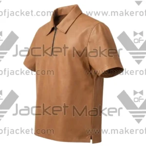 Left Side View Of Men's Brown Leather Zip Shirt Featuring Left Side View in Brown Leather.