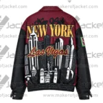 Back View of New York Las Vegas Jacket Featuring New York Las Vegas city design on the back.