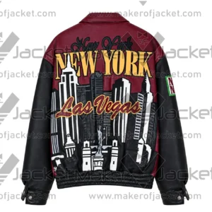 Back View of New York Las Vegas Jacket Featuring New York Las Vegas city design on the back.