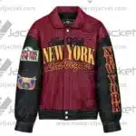 Front View Of New York Las Vegas Jacket Featuring black and burgundy with New York Las Vegas graphics.