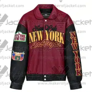 Front View Of New York Las Vegas Jacket Featuring black and burgundy with New York Las Vegas graphics.
