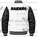 back View Of Raiders Historic Logo Leather Jacket Featuring Raiders spell lettering on back.