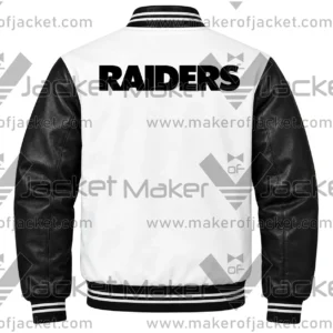 back View Of Raiders Historic Logo Leather Jacket Featuring Raiders spell lettering on back.