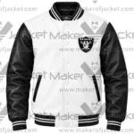 Front View Of Raiders Historic Logo Leather Jacket Featuring Raiders spell logo on chest.