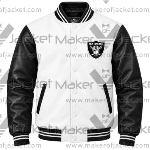 Front View Of Raiders Historic Logo Leather Jacket Featuring Raiders spell logo on chest.