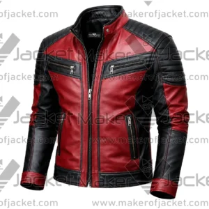 Front View oF Red Black Quilted Leather Jacket Featuring zipper pockets and Closure.