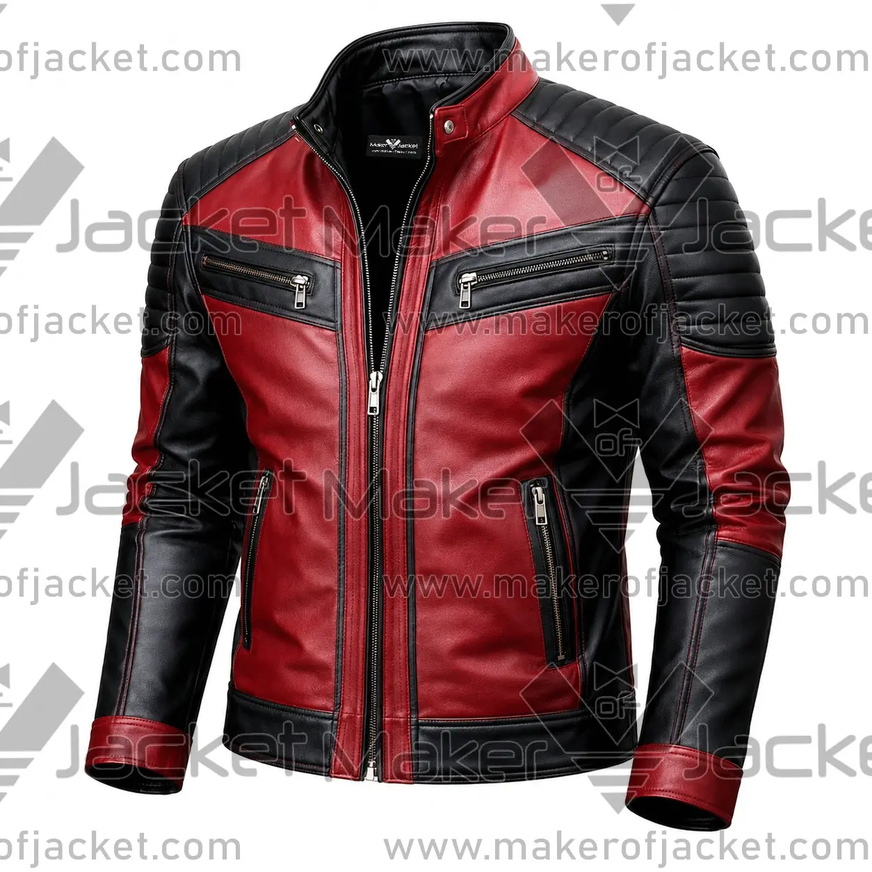 Red-Black-Quilted-Leather-Jacket-Front-Image Front View oF Red Black Quilted Leather Jacket Featuring zipper pockets and Closure.