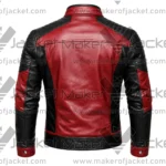 Back View Of Red Black Quilted Leather Jacket Featuring quilted shoulders and sleeves.