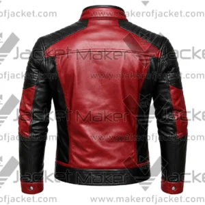 Back View Of Red Black Quilted Leather Jacket Featuring quilted shoulders and sleeves.