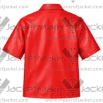 Back View of Red Leather Half Sleeve Shirt Featuring Short Sleeves Red Panel Leathe Design.