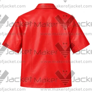 Back View of Red Leather Half Sleeve Shirt Featuring Short Sleeves Red Panel Leathe Design.