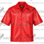 Front View oF Red Leather Half Sleeve Shirt Featuring Shirt style collar and Snap Button styel closure.