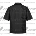 Back View of Short Sleeve Black Leather Shirt Featuring two piece Panel Design.