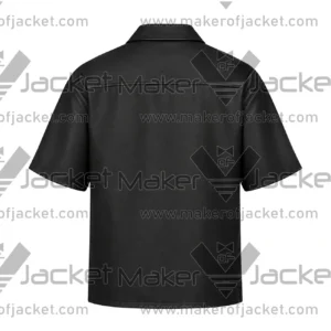 Back View of Short Sleeve Black Leather Shirt Featuring two piece Panel Design.