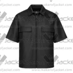 Front View oF Short Sleeve Black Leather Shirt Featuring Shirt style collar, short sleeve.