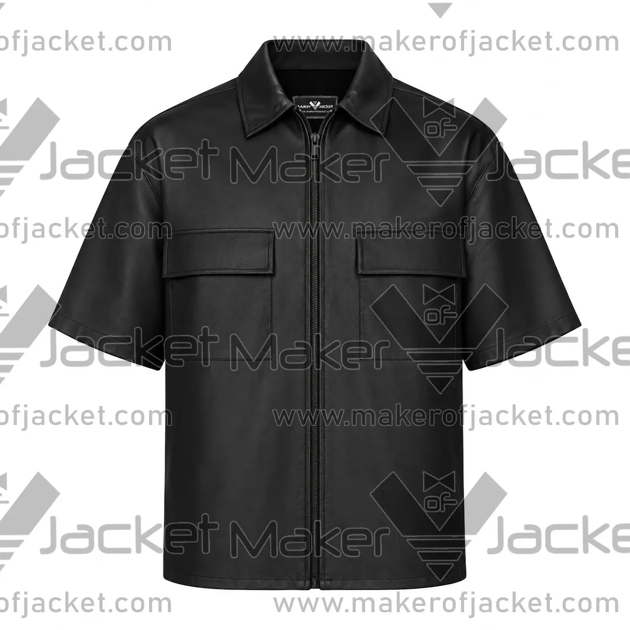 Short-Sleeve-Black-Leather-Shirt-Front Front View oF Short Sleeve Black Leather Shirt Featuring Shirt style collar, short sleeve.