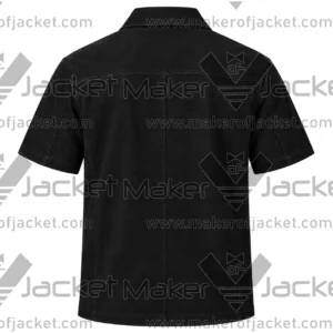 Back View Of Short sleeve black suede shirt Featuring Short sleeves and Suede Leather Finish.