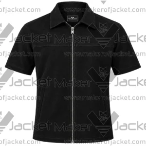 Front View Of Short sleeve black suede shirt Featuring Shirt Collar and Two Waist Pockets.