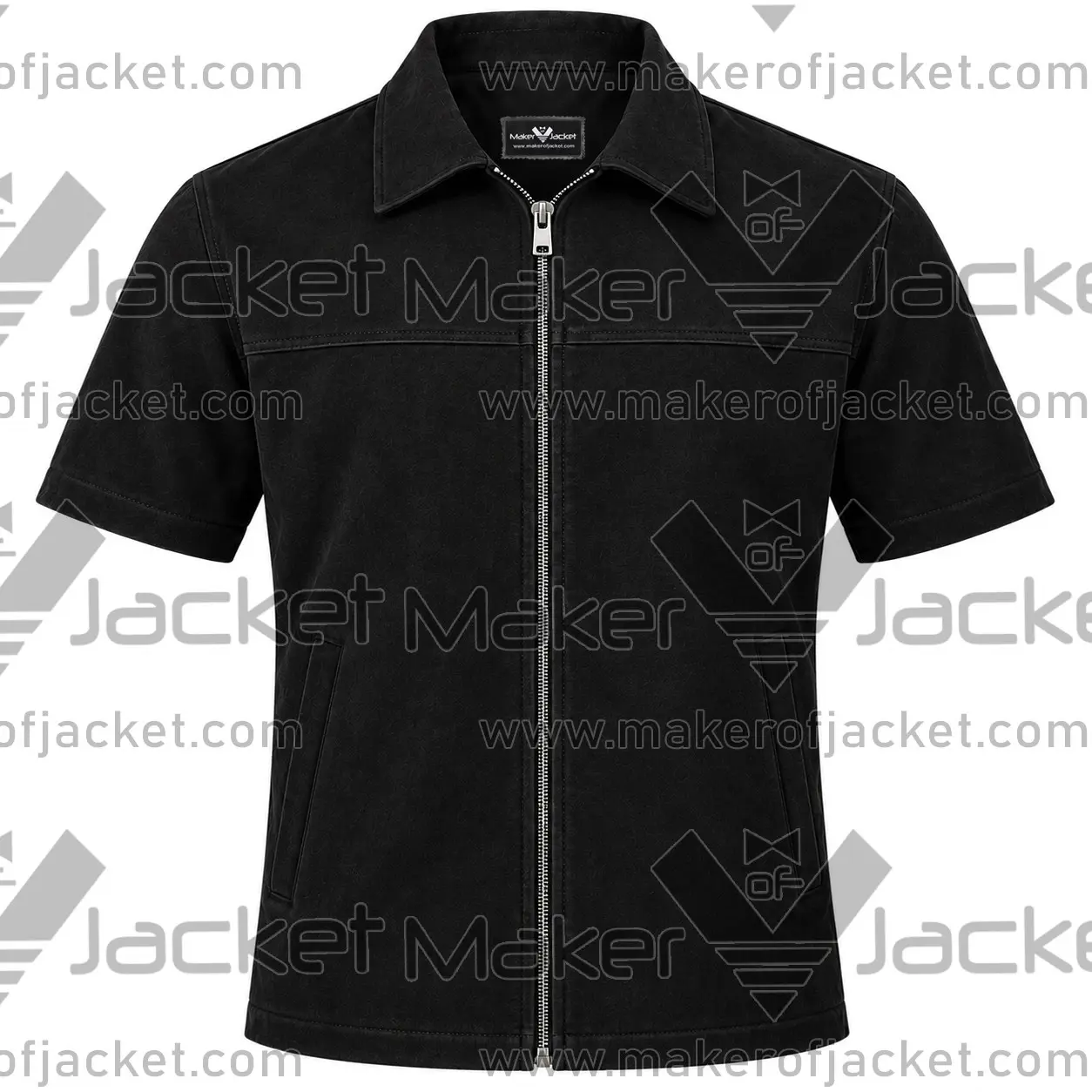 Short-sleeve-black-suede-shirt-front-image Front View Of Short sleeve black suede shirt Featuring Shirt Collar and Two Waist Pockets.