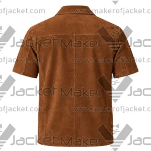 Back View Of Short sleeve brown suede shirt Featuring Short sleeves and Suede Leather Finish.