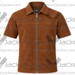 Front View Of Short sleeve brown suede shirt Featuring Shirt Collar and Two Waist Pockets.