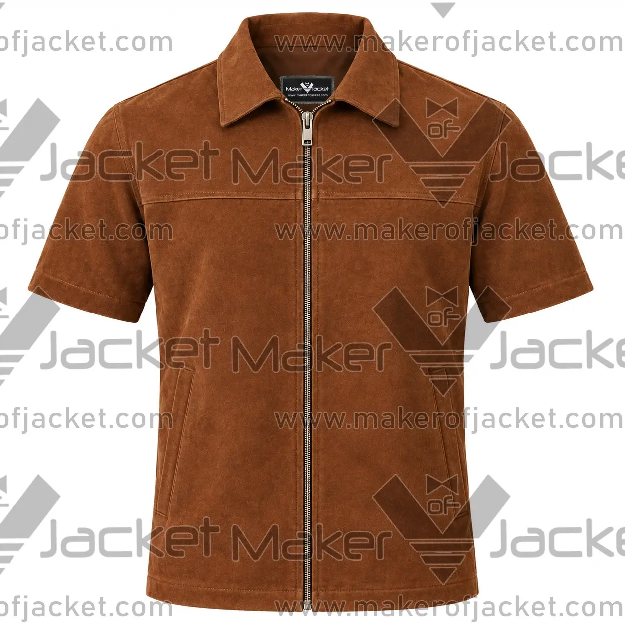 Short-sleeve-brown-suede-shirt-front-image Front View Of Short sleeve brown suede shirt Featuring Shirt Collar and Two Waist Pockets.