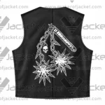 Back View Of Skull Dagger Black Leather Vest Featuring Detailed Skull Dagger Design on Black Leather.