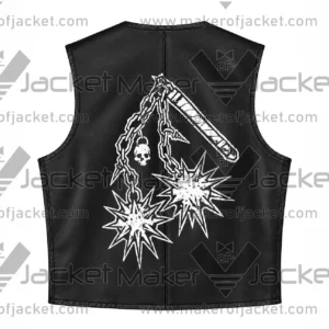 Back View Of Skull Dagger Black Leather Vest Featuring Detailed Skull Dagger Design on Black Leather.