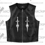Front View Of Skull Dagger Black Leather Vest Featuring Skull Knife Design, Round Neck Collar, and Two Side Waist Pockets.