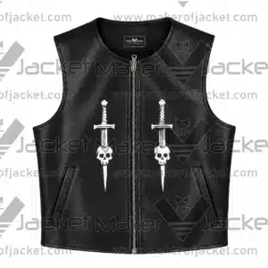 Front View Of Skull Dagger Black Leather Vest Featuring Skull Knife Design, Round Neck Collar, and Two Side Waist Pockets.