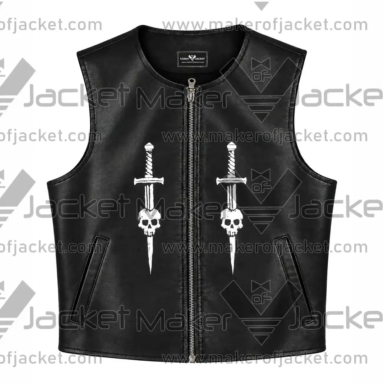 Skull-Dagger-Black-Leather-Vest-Front-Image Front View Of Skull Dagger Black Leather Vest Featuring Skull Knife Design, Round Neck Collar, and Two Side Waist Pockets.