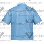Back View of Sky Blue Leather Zip Shirt Featuring Short Sleeve & Iwo Piece Panel Design.