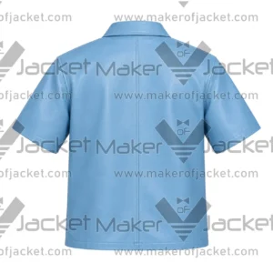 Back View of Sky Blue Leather Zip Shirt Featuring Short Sleeve & Iwo Piece Panel Design.