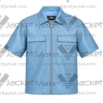 Front View of Sky Blue Leather Zip Shirt Featuring Zip Closure and Two Chest Flap Pockets.