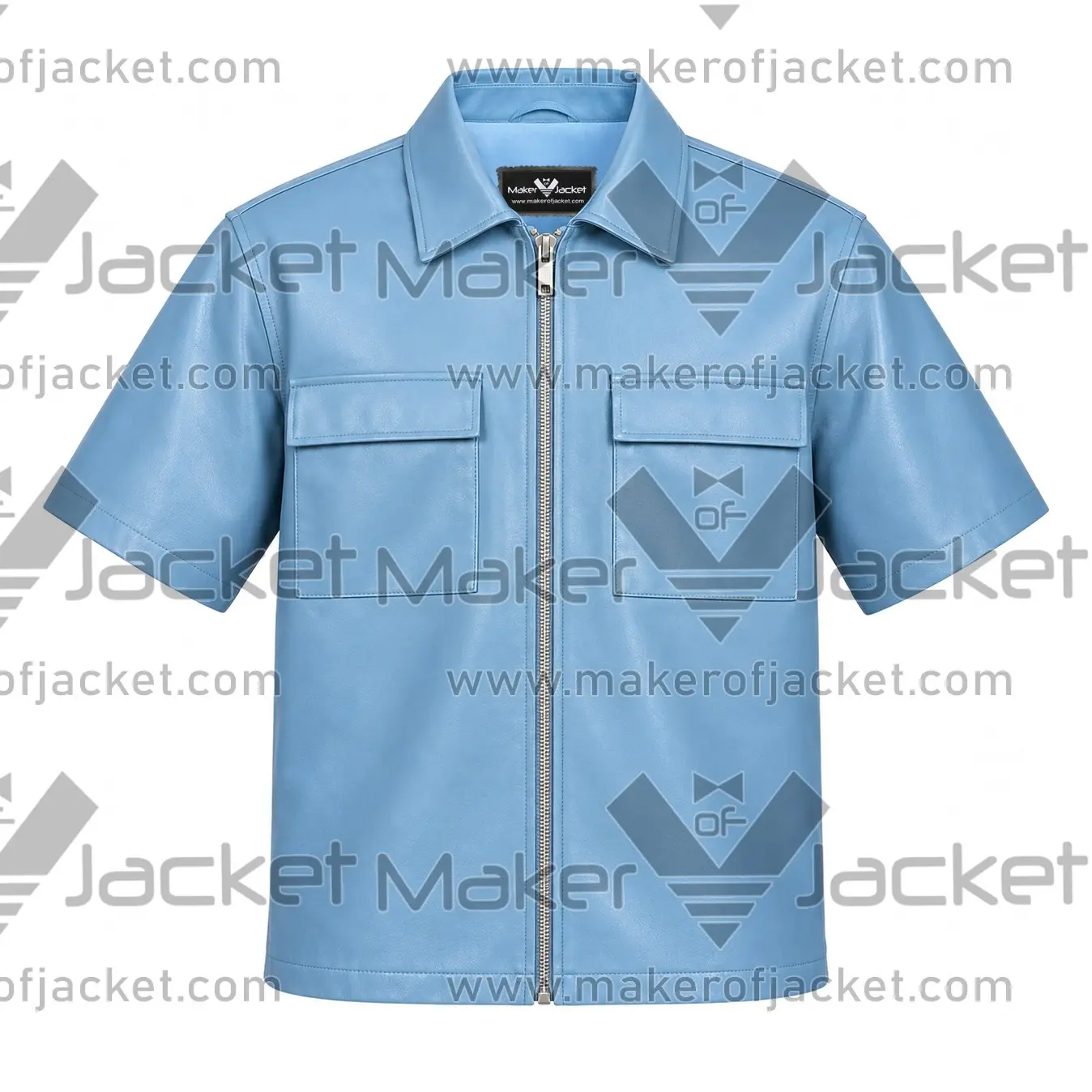 Sky-Blue-Leather-Zip-Shirt-Front-Image Front View of Sky Blue Leather Zip Shirt Featuring Zip Closure and Two Chest Flap Pockets.