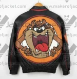 Back View Of Tasmanian Devil Leather Jacket featuring TAZ Spell out Applique Design on sleeve and Taz Cartoon Design on back.