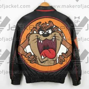 Back View Of Tasmanian Devil Leather Jacket featuring TAZ Spell out Applique Design on sleeve and Taz Cartoon Design on back.