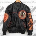 Front View Of Tasmanian Devil Leather Jacket Featuring Taz Applique Design on chest and button closure.