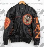 Front View Of Tasmanian Devil Leather Jacket Featuring Taz Applique Design on chest and button closure.