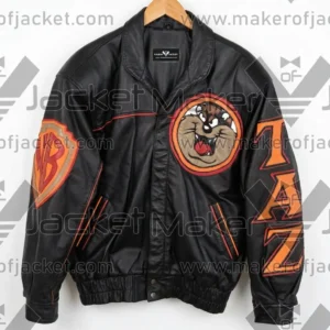 Front View Of Tasmanian Devil Leather Jacket Featuring Taz Applique Design on chest and button closure.