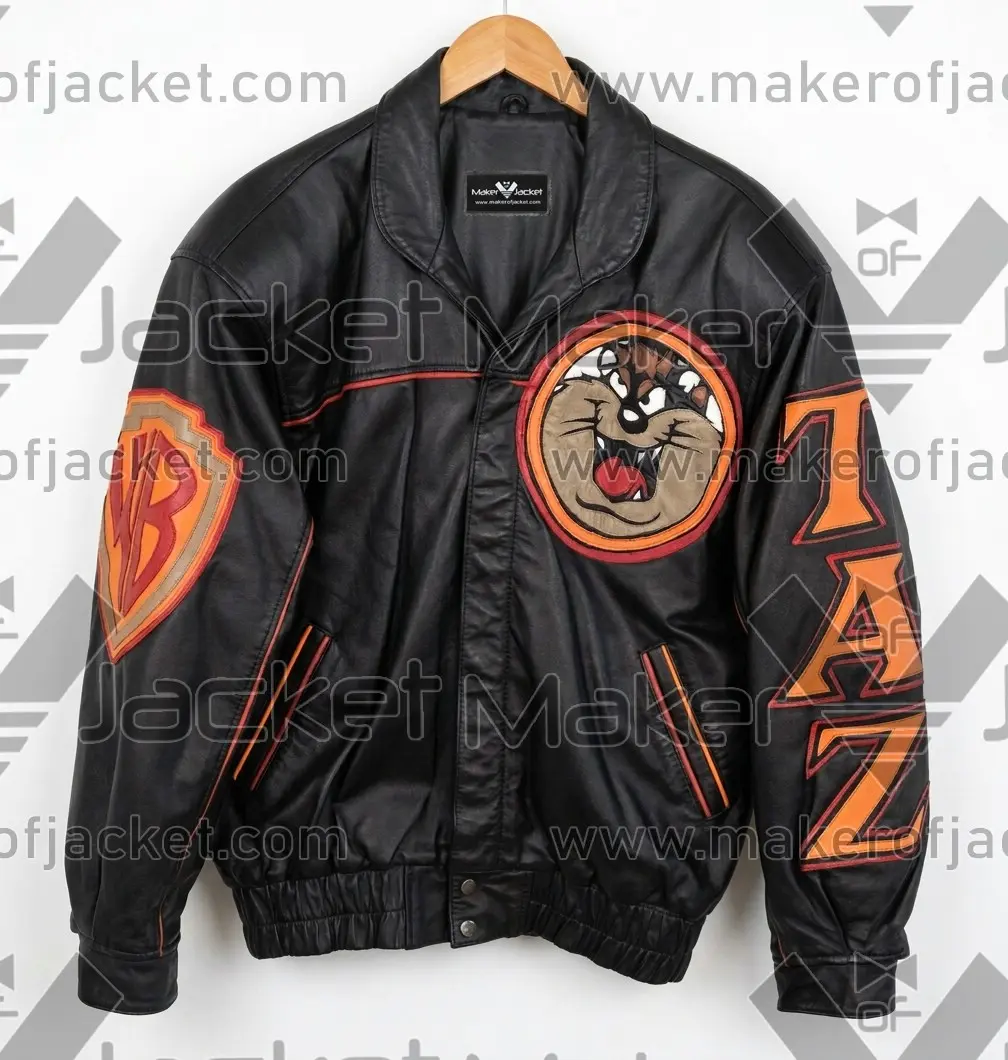 Tasmanian-Devil-Leather-Jacket-Front-Image Front View Of Tasmanian Devil Leather Jacket Featuring Taz Applique Design on chest and button closure.