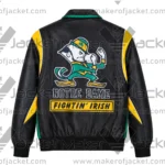 Back View of Vintage Notre Dame Leather Jacket Featuring Notre Dame Fighting Irish Design on back and rib knitted cuffs.