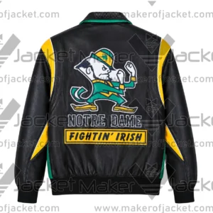 Back View of Vintage Notre Dame Leather Jacket Featuring Notre Dame Fighting Irish Design on back and rib knitted cuffs.