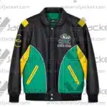 Front View Of Vintage Notre Dame Leather Jacket Featuring stand up collar, notre dame logos and waist pockets.